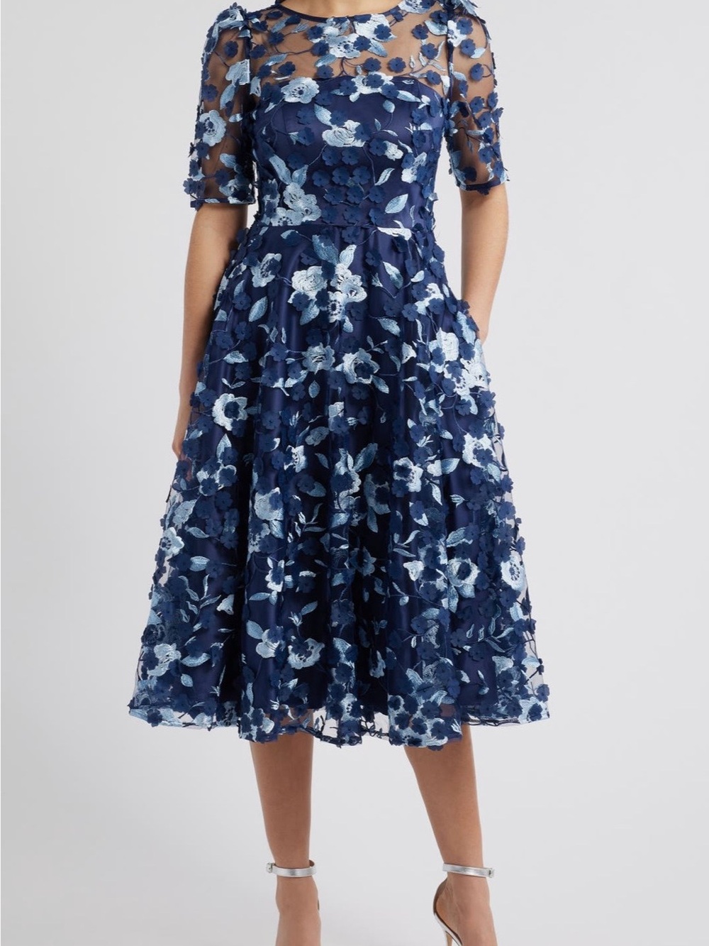 Eliza J Floral Embroidered Navy A-Line Midi Dress